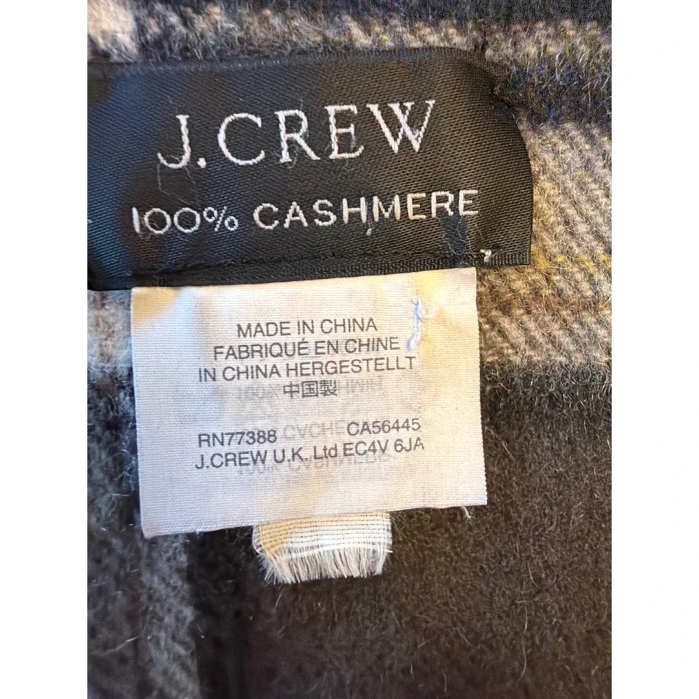 J.Crew Scarf Charcoal‎ Grey 100% Cashmere Plaid Fringed Winter Accessory